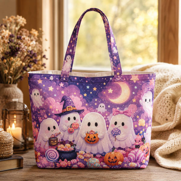 cuteghost illustration on a zippered tote bag