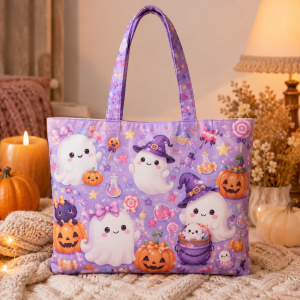 cuteghostclub illustration on a zippered tote bag