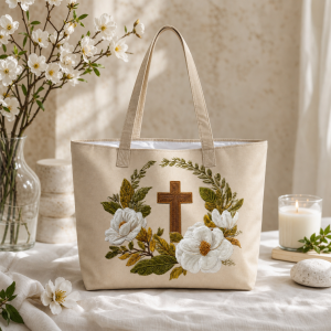 daisy-cross-faith_polyester-digitalprint-42x38-2000 Daisy Cross Faith illustrated on a zippered tote bag