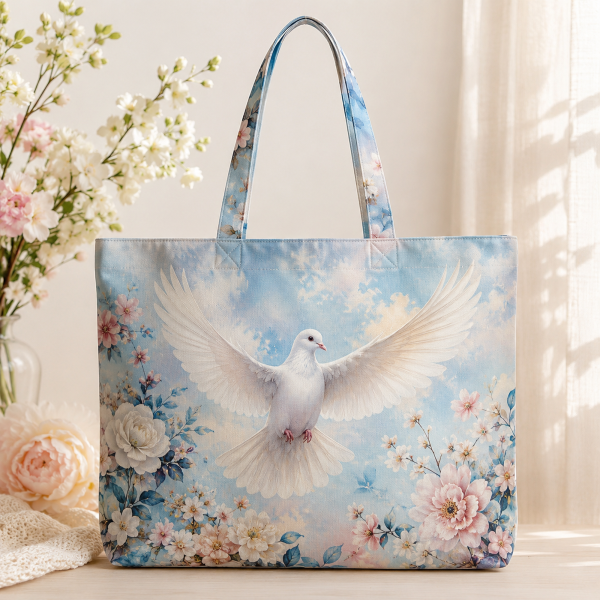 dove Dove illustrated on a zippered tote bag