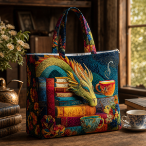 dragon-tea-books Dragon Tea Books illustrated on a zippered tote bag