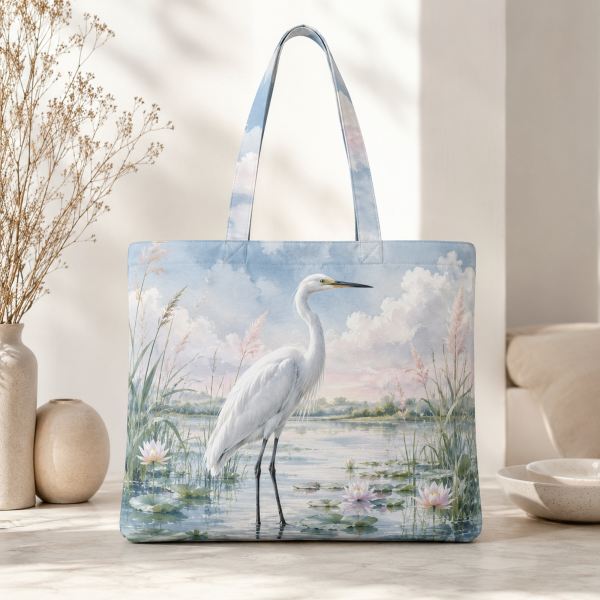 egret Egret illustrated on a zippered tote bag