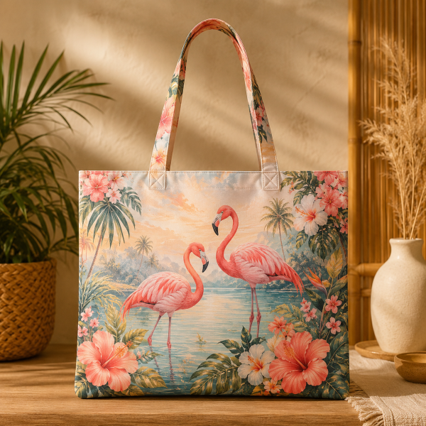 Flamingo illustrated on a zippered tote bag
