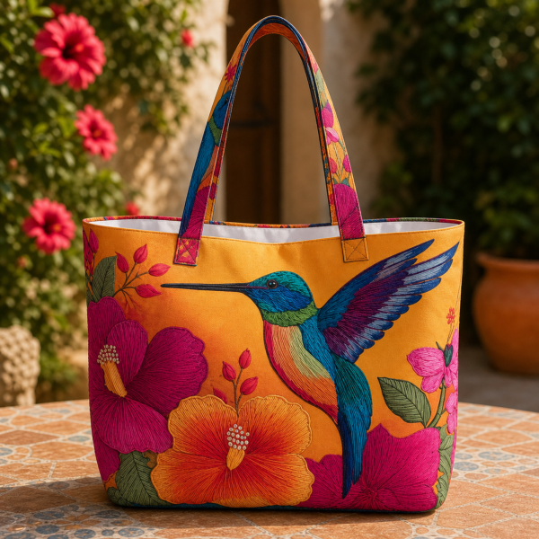 Orange Hibiscus Hummingbird illustrated on a zippered tote bag