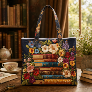 floral-books-stack Floral Books Stack illustrated on a zippered tote bag
