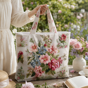 floral-heart_polyester-digitalprint-42x38-2000 Floral Heart illustrated on a zippered tote bag