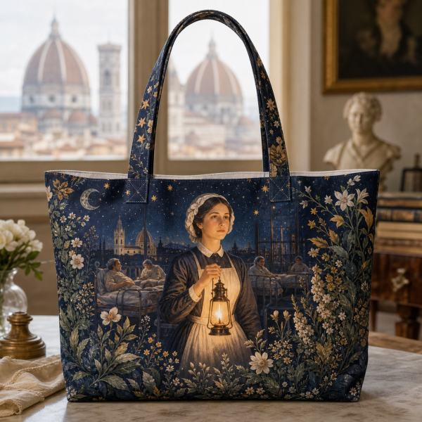 Florence Nightingale illustrated on a zippered tote bag