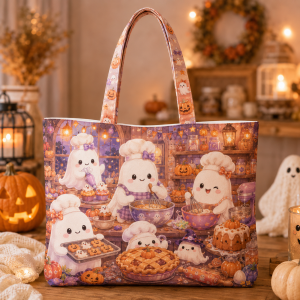 ghostbakery illustration on a zippered tote bag
