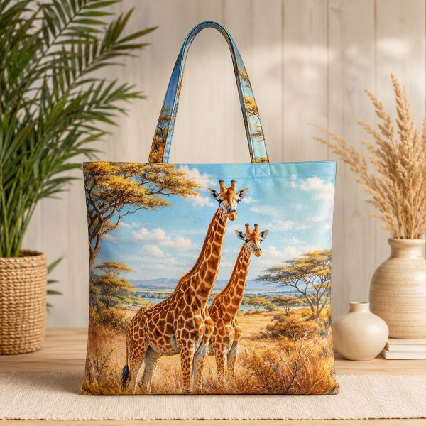 Giraffe illustrated on a zippered tote bag