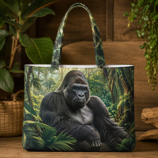 Gorilla illustrated on a zippered tote bag