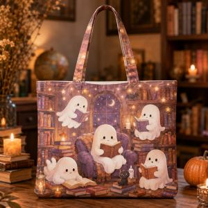 hauntedlibrary illustration on a zippered tote bag