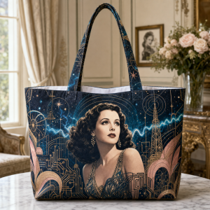 hedy_lamarr Hedy Lamarr illustrated on a zippered tote bag