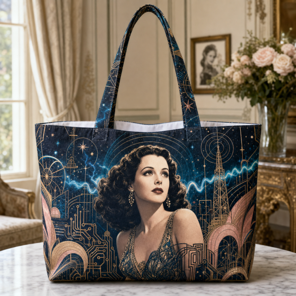 hedy_lamarr Hedy Lamarr illustrated on a zippered tote bag