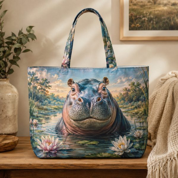 Hippo illustrated on a zippered tote bag