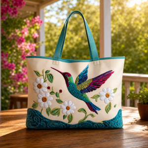 hummingbird-floral_production-polyester-3dprint Hummingbird Floral illustrated on a zippered tote bag