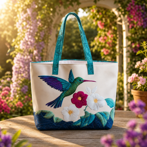 hummingbird-hibiscus_production-polyester-3dprint-1 Hummingbird Hibiscus illustrated on a zippered tote bag