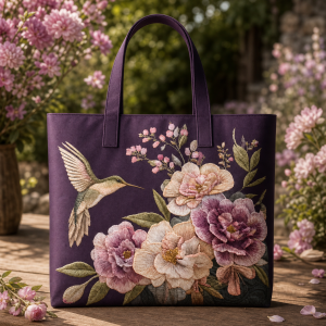hummingbird-peony_premium-polyester-3d-42x38-1 Hummingbird Peony illustrated on a zippered tote bag