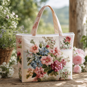 hydrangea-pink-blue_polyester-digitalprint-42x38-2000 Pink and Blue Hydrangea illustrated on a zippered tote bag