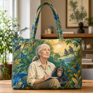 jane_goodall Jane Goodall illustrated on a zippered tote bag