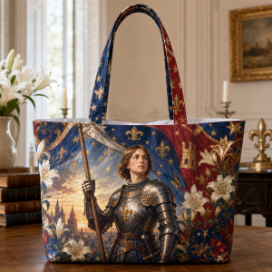 joan_of_arc Joan of Arc illustrated on a zippered tote bag