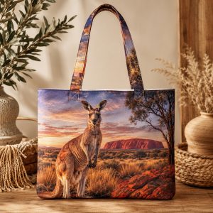 kangaroo Kangaroo illustrated on a zippered tote bag