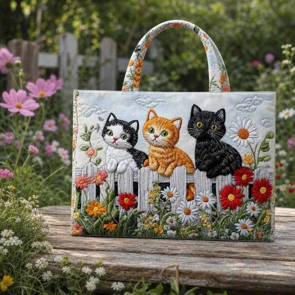 Kittens Garden Fence illustrated on a zippered tote bag