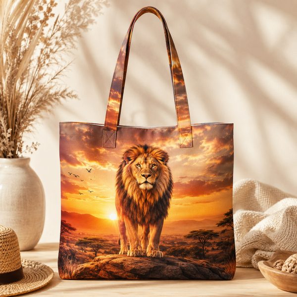 Lion illustrated on a zippered tote bag