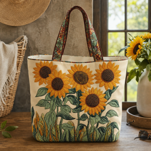 magnolia-cream_polyester-digitalprint-42x38-2000 Cream Sunflower Garden illustrated on a zippered tote bag