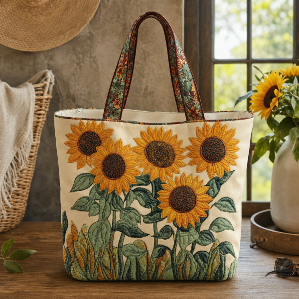 Cream Sunflower Garden illustrated on a zippered tote bag