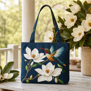 magnolia-hummingbird_production-polyester-3dprint Magnolia Hummingbird illustrated on a zippered tote bag