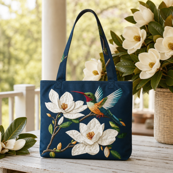 magnolia-hummingbird_production-polyester-3dprint Magnolia Hummingbird illustrated on a zippered tote bag