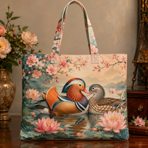 Mandarin Ducks illustrated on a zippered tote bag