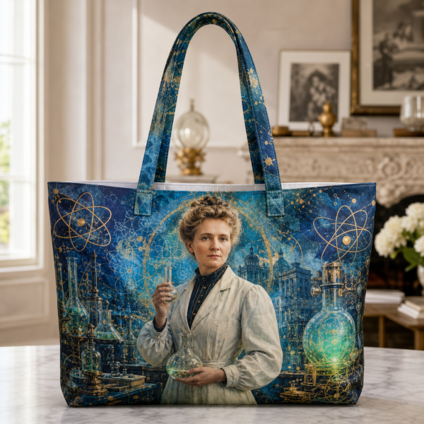 marie_curie Marie Curie illustrated on a zippered tote bag