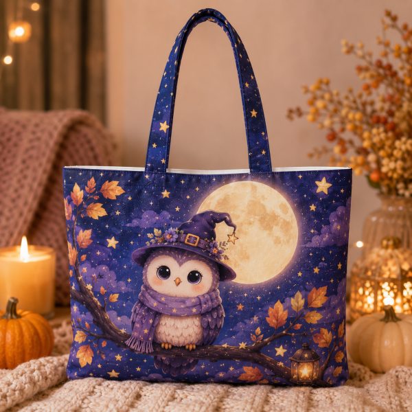 moonlitowl illustration on a zippered tote bag
