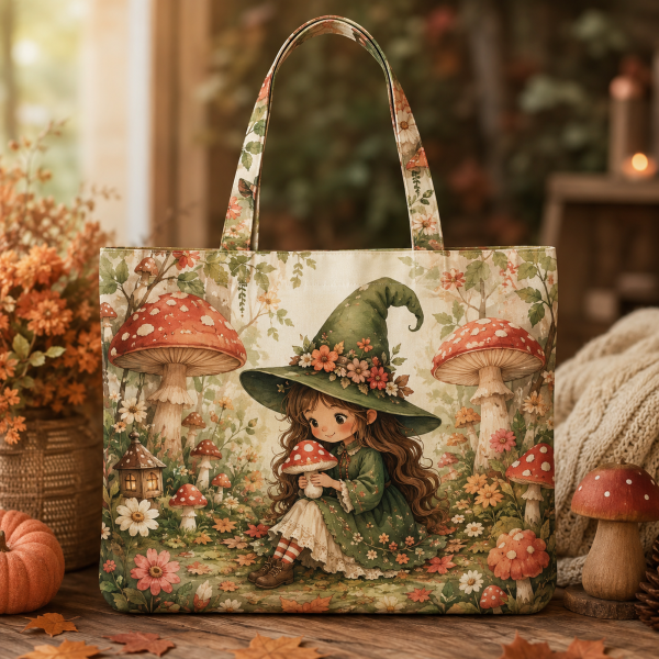 mushroomwitch illustration on a zippered tote bag