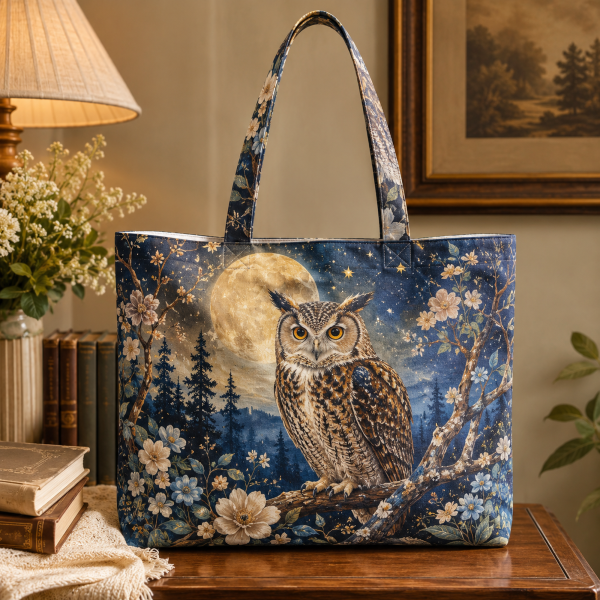 Moonlit Owl illustrated on a zippered tote bag