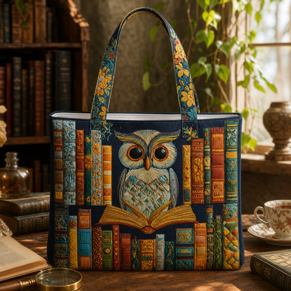owl-library-books Owl Library Books illustrated on a zippered tote bag