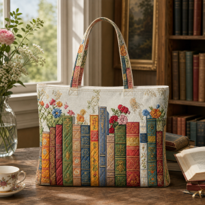 pastel-book-spines Pastel Book Spines illustrated on a zippered tote bag