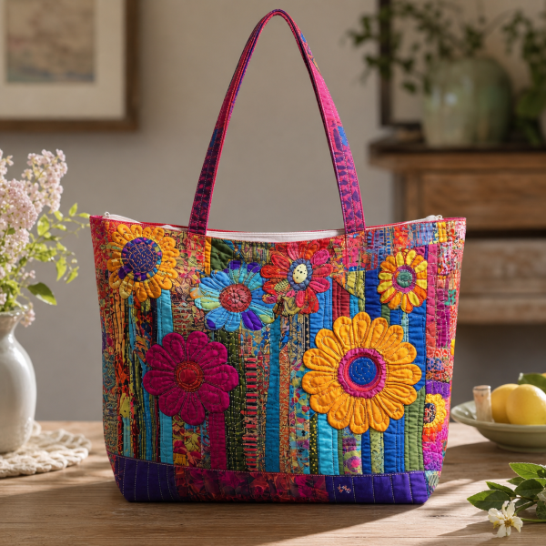 patchwork-floral_polyester-digitalprint-42x38-2000 Patchwork Floral illustrated on a zippered tote bag