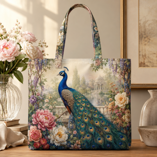 Peacock illustrated on a zippered tote bag