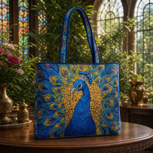 peacock-feathers_production-polyester-3dprint Peacock Feathers illustrated on a zippered tote bag