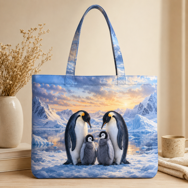 Penguin illustrated on a zippered tote bag