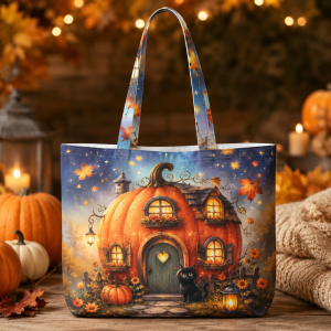 pumpkincottage illustration on a zippered tote bag