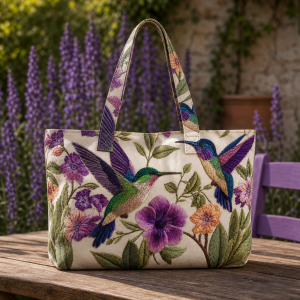 Purple Hummingbird illustrated on a zippered tote bag