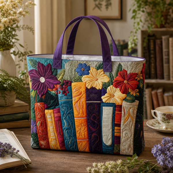 Rainbow Books Floral illustrated on a zippered tote bag