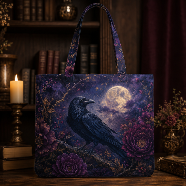 raven Raven illustrated on a zippered tote bag