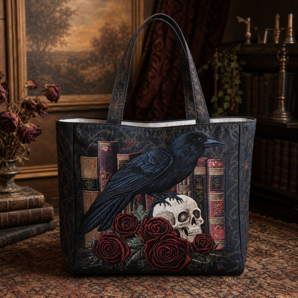 Raven Skull Roses illustrated on a zippered tote bag