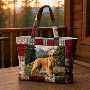 retriever-cabin__42x38_2000 Retriever Cabin illustrated on a zippered tote bag