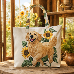 retriever-sunflower__42x38_2000 Retriever Sunflower illustrated on a zippered tote bag