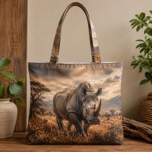 rhino Rhino illustrated on a zippered tote bag